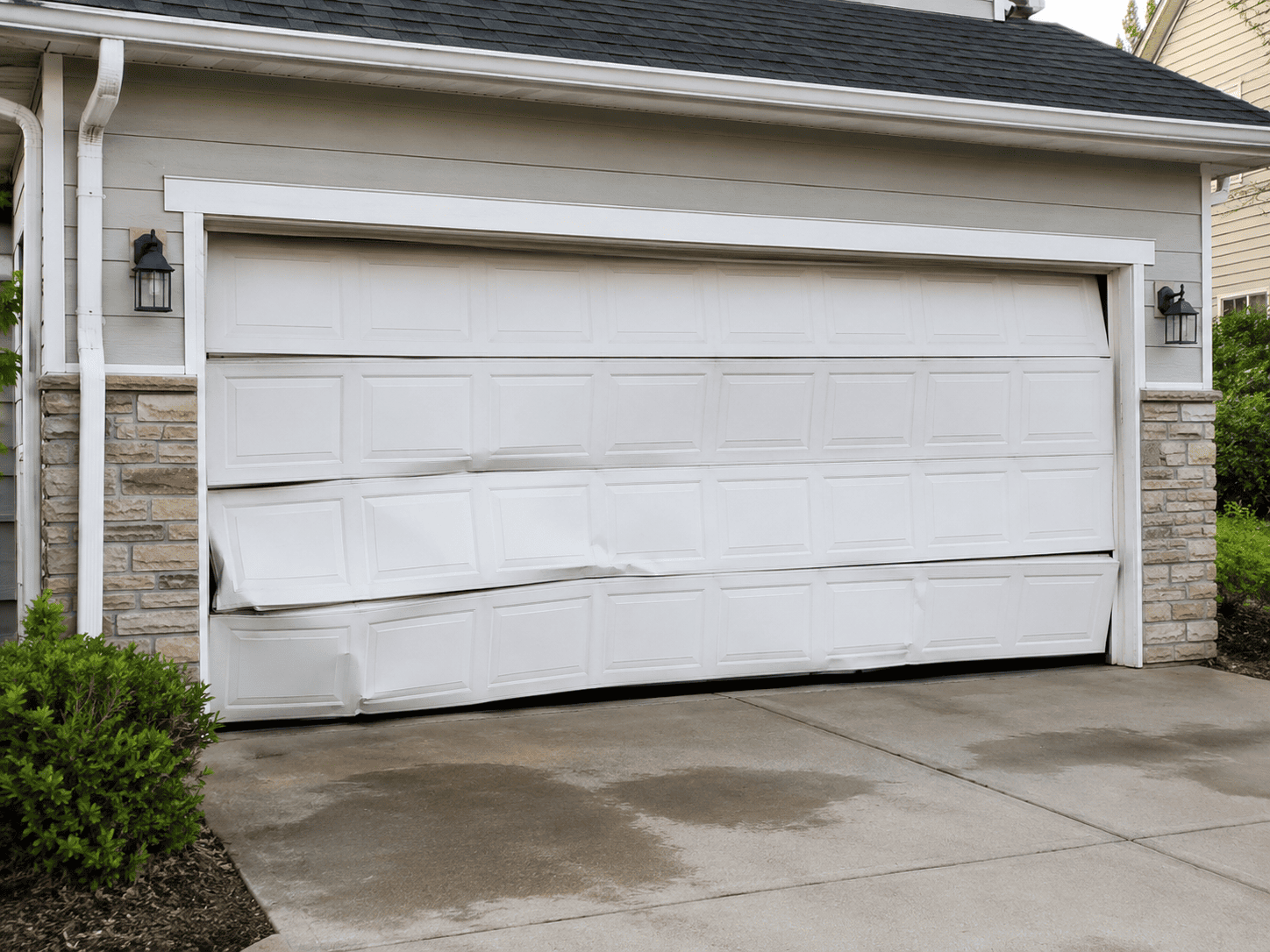 Damaged garage door before repair